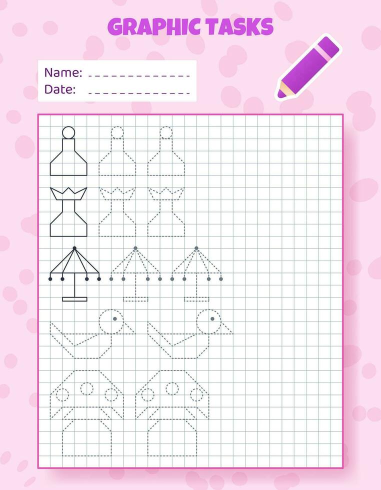 Drawing by cells. Educational game for preschool children. Worksheets for practicing logic and motor skills. Game for kids. Graphic tasks with different objects and elements. Vector illustration