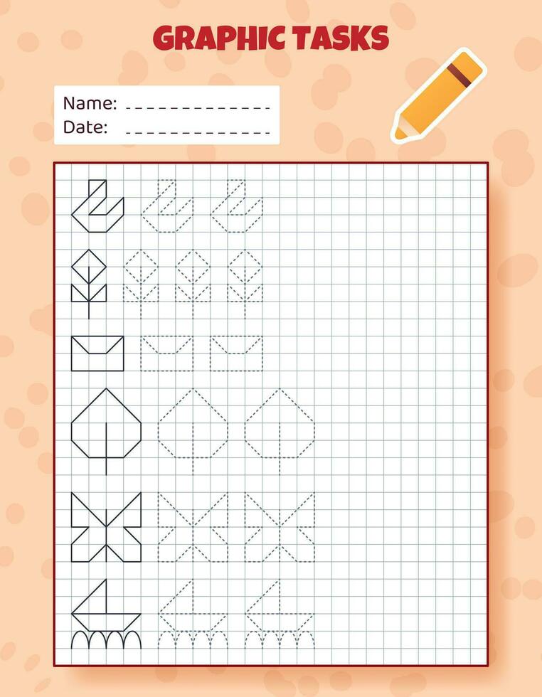 Drawing by cells. Educational game for preschool children. Worksheets for practicing logic and motor skills. Game for kids. Graphic tasks with different objects and elements. Vector illustration