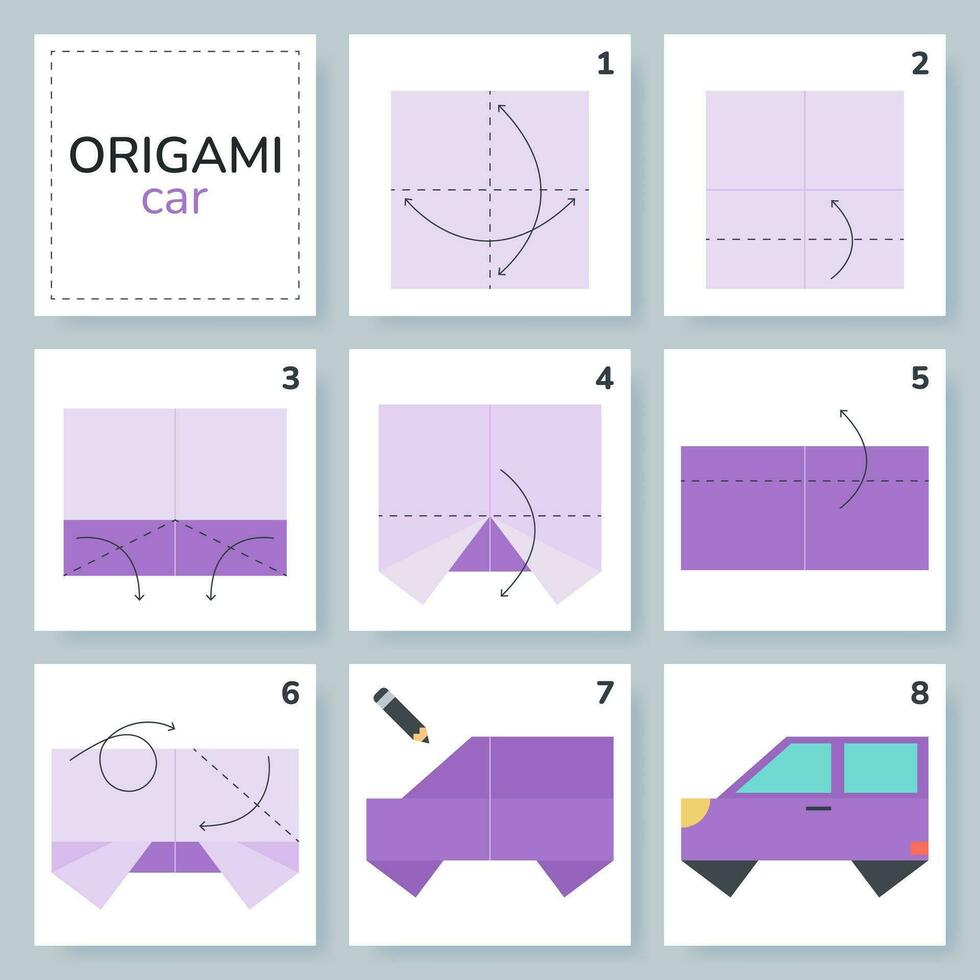 Car origami scheme tutorial moving model. Origami for kids. Step by step how to make a cute origami transport. Vector illustration.