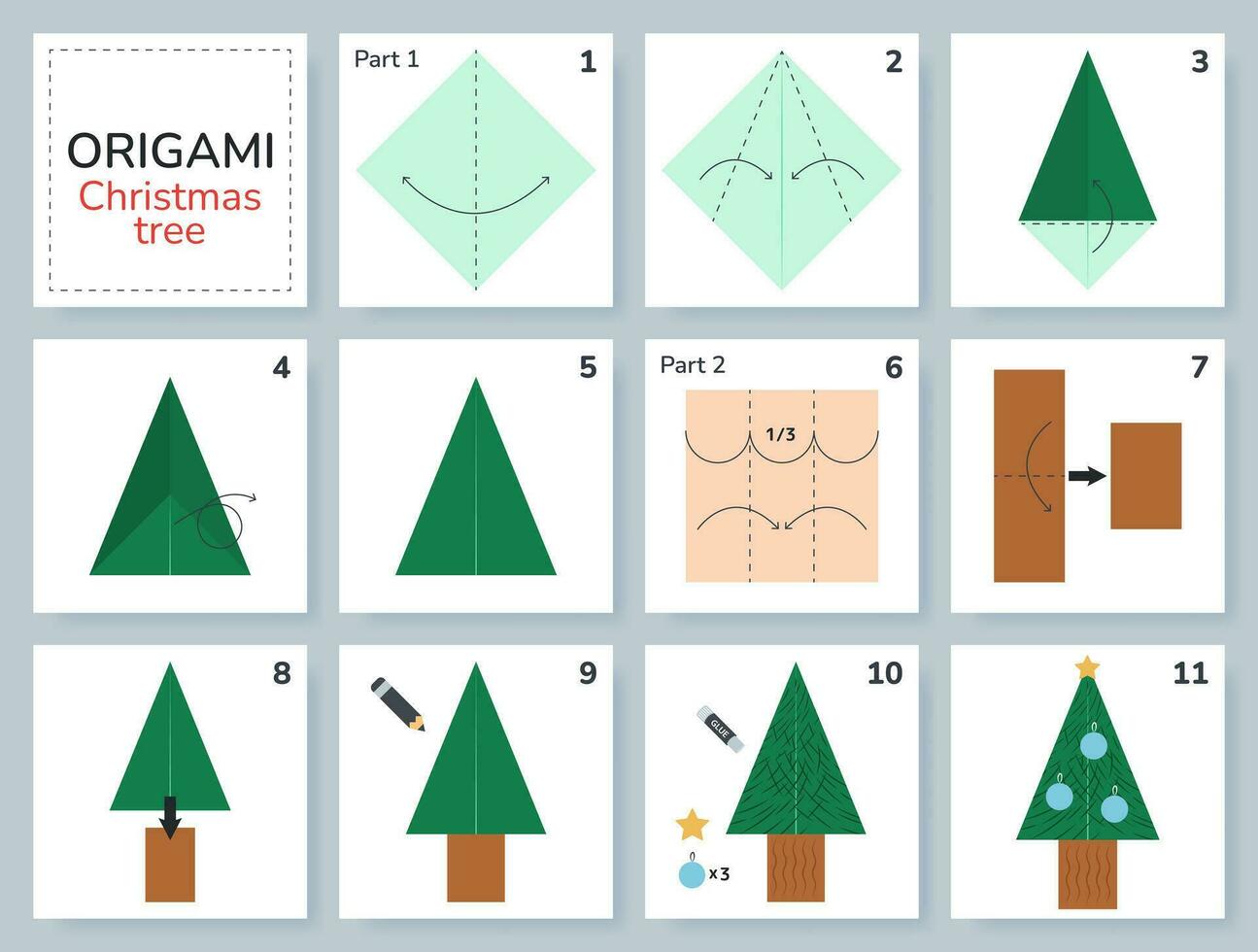 Christmas tree origami scheme tutorial moving model. Origami for kids. Step by step how to make a cute origami fir. Vector illustration.