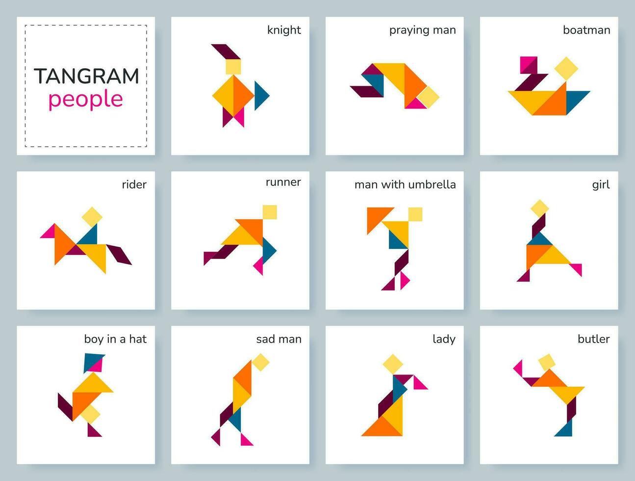 Tangram puzzle game for kids. Colorful geometric collection with isolated people in various poses. isolated Tangram people icons on white backdrop. Vector illustration