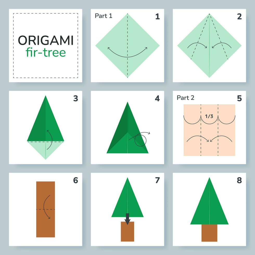 Fir origami scheme tutorial moving model. Origami for kids. Step by step how to make a cute origami fir-tree. Vector illustration.