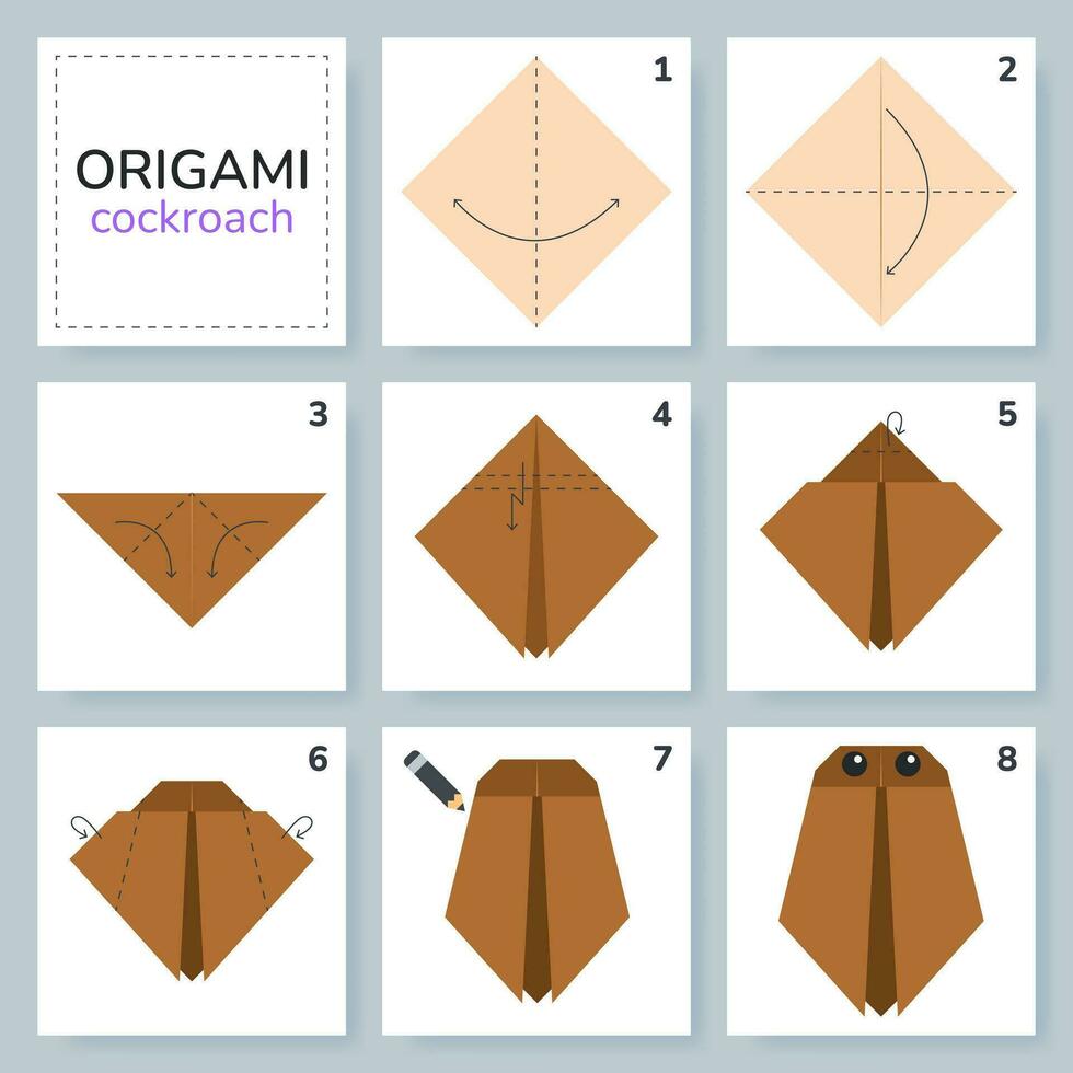 Cockroach origami scheme tutorial moving model. Origami for kids. Step by step how to make a cute origami insect. Vector illustration.