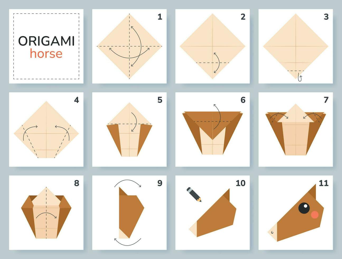 Horse origami scheme tutorial moving model. Origami for kids. Step by step how to make a cute origami animal. Vector illustration.