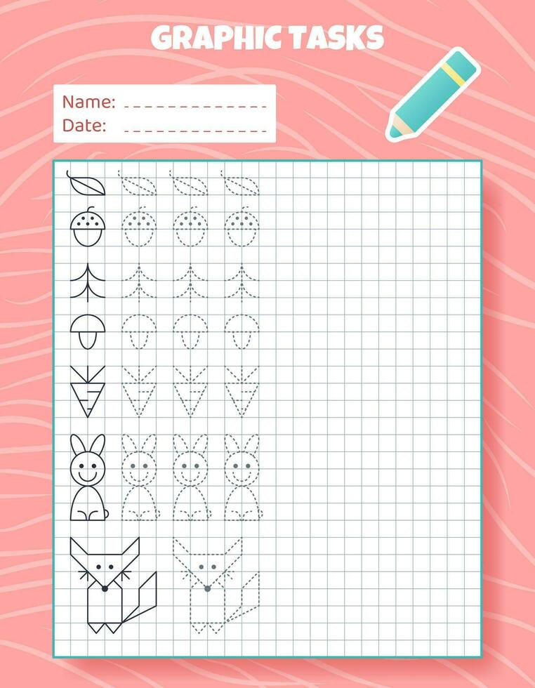 Drawing by cells. Educational game for preschool children. Worksheets for practicing logic and motor skills. Game for kids. Graphic tasks with different objects and elements. Vector illustration