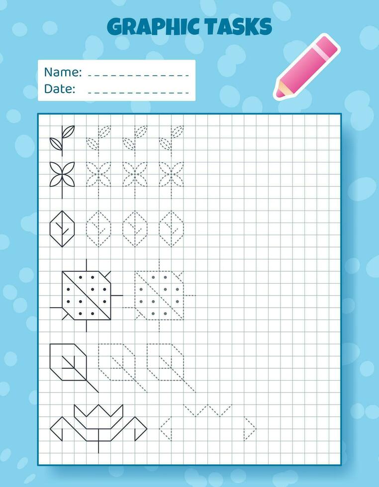 Drawing by cells. Educational game for preschool children. Worksheets for practicing logic and motor skills. Game for kids. Graphic tasks with different objects and elements. Vector illustration