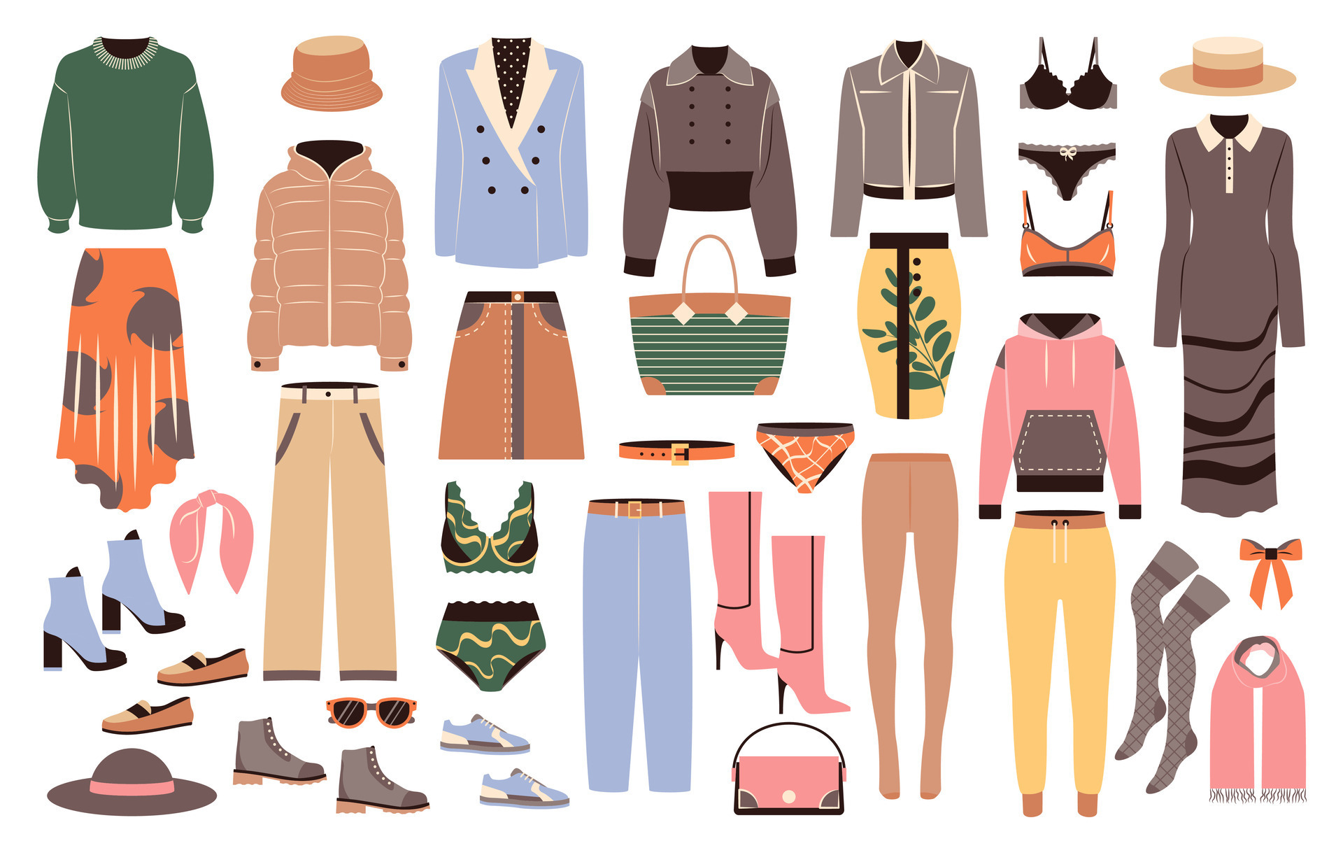 Big set of fashion clothing and accessories for spring season. Female  apparel, dresses, pants, shoes, lingerie, hats, bags in casual style. Flat  vector illustrations isolated on white background. 34812531 Vector Art at  Vecteezy