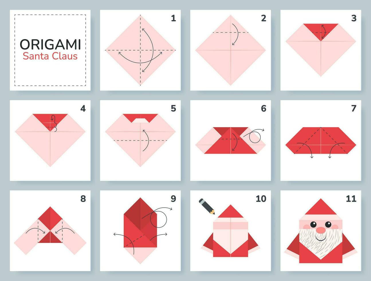 Santa Claus origami scheme tutorial moving model. Origami for kids. Step by step how to make a cute origami Santa Claus. Vector illustration.