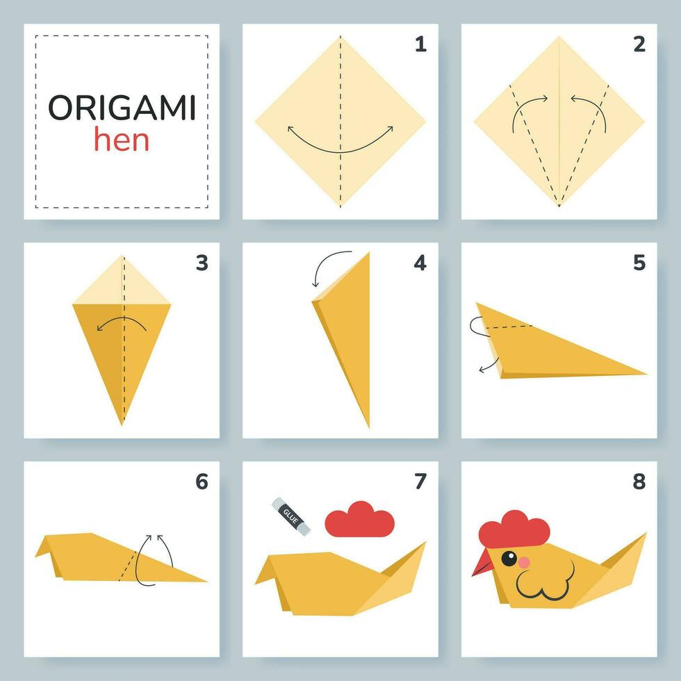 gallina origami esquema tutorial Moviente modelo. origami para niños. paso por paso cómo a hacer un linda origami pájaro. vector ilustración.