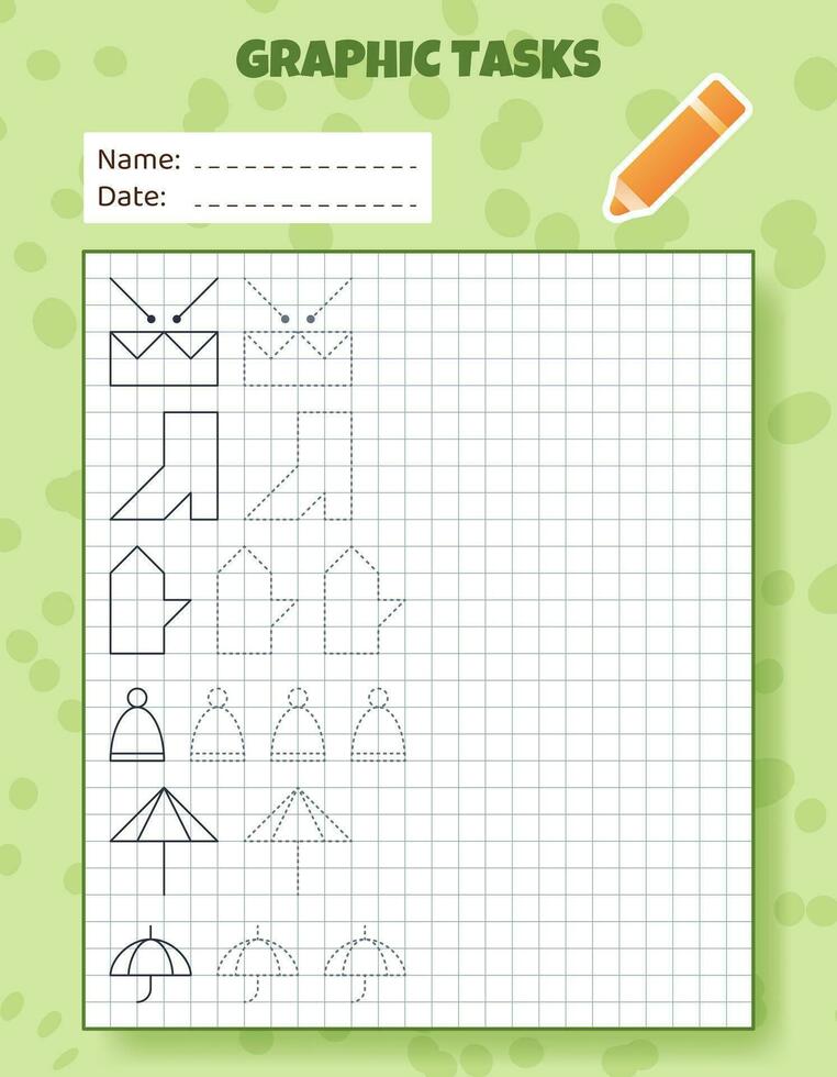 Drawing by cells. Educational game for preschool children. Worksheets for practicing logic and motor skills. Game for kids. Graphic tasks with different objects and elements. Vector illustration