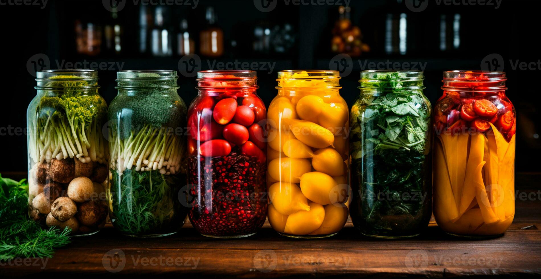 AI generated Pickles in different jars of various vegetables - AI generated image photo