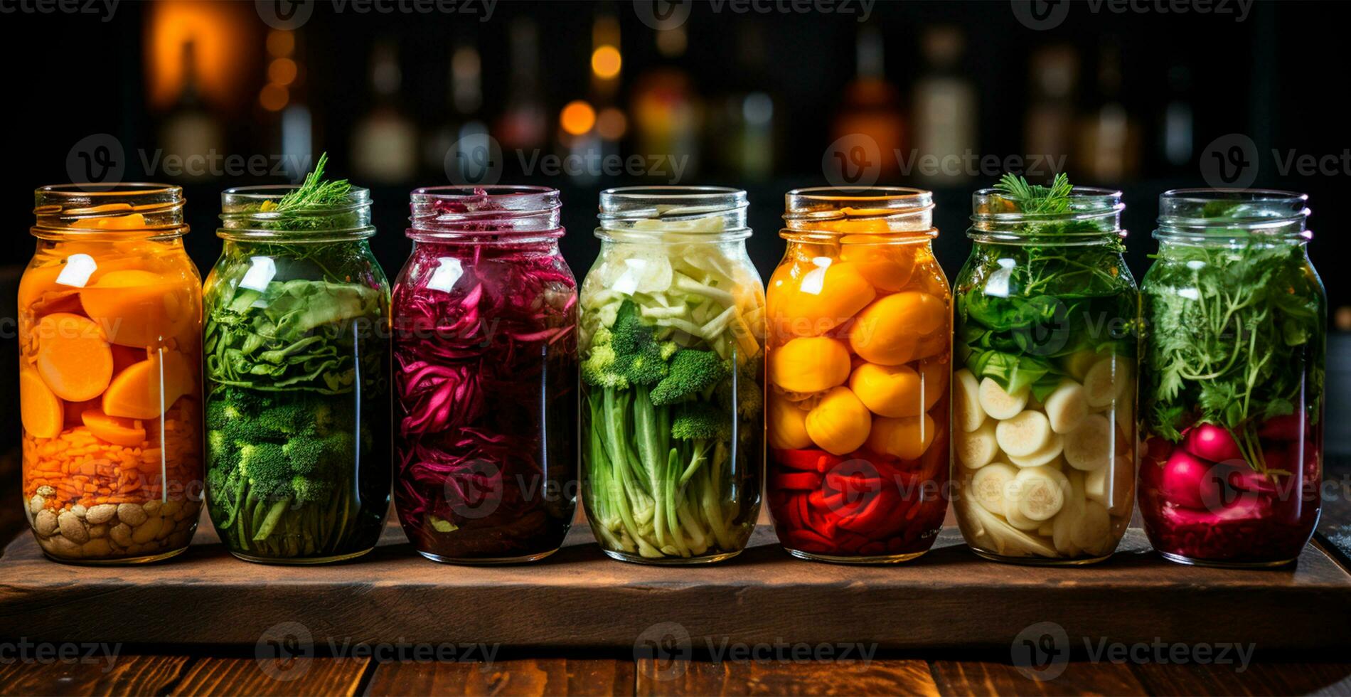 AI generated Pickles in different jars of various vegetables - AI generated image photo