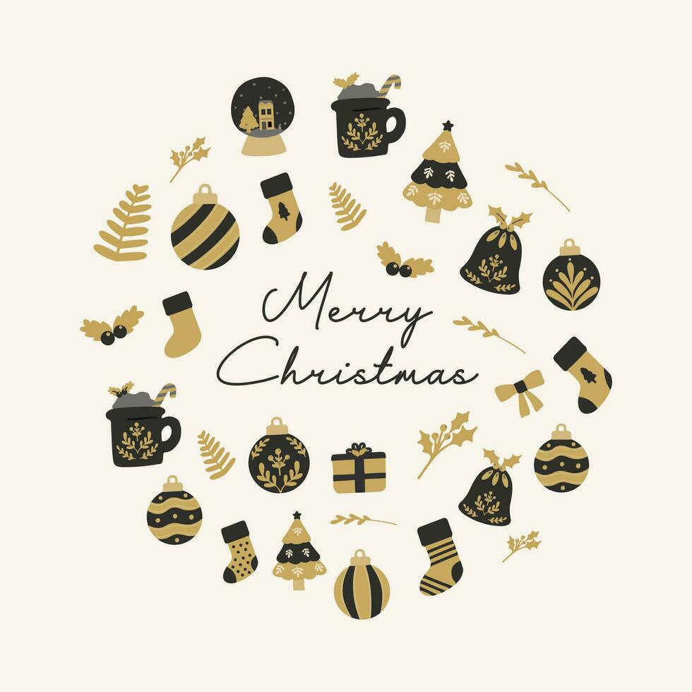Christmas round greeting badge collage of christmas elements. Black and gold hand drawn vector flat illustration. For winter poster, card, scrapbooking, invitation, social media, post, prints