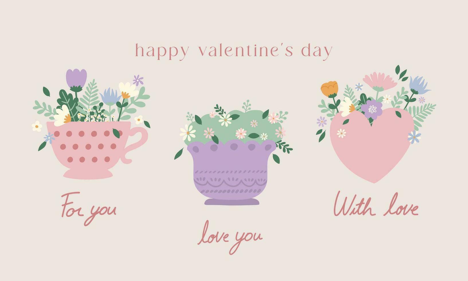 Hand drawn vector illustration of cute wild flowers with heart, in cup, vase. Valentine, birthday, present, mother's day theme. Spring blossom flowers. For card, sticker, invitation, social media