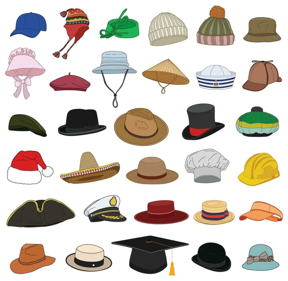 set different types hats Isolated on White Background vector