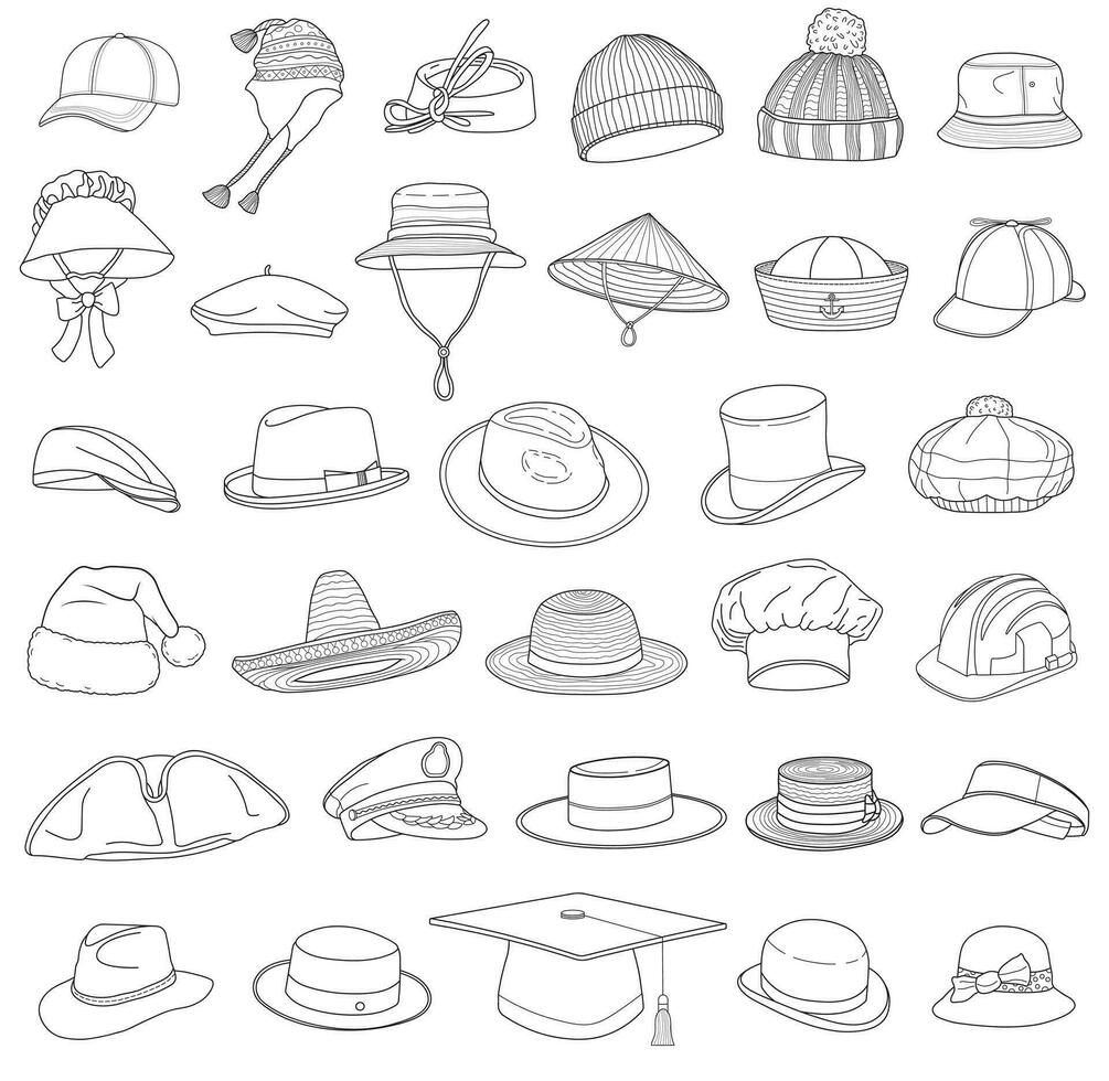 Hand drawn set different types hats Isolated on White Background