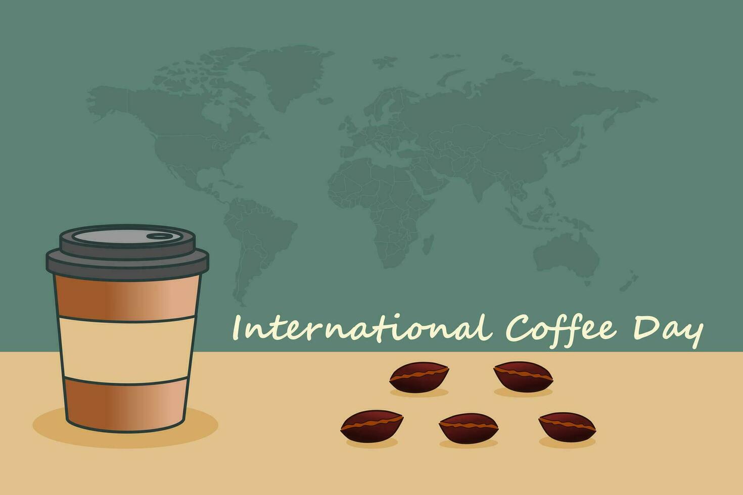 International coffee day horizontal banner. Coffee paper cup with coffee beans on world map background. vector