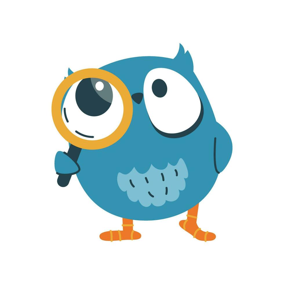 Funny curious owl with a magnifying glass. Vector icon, bird sticker