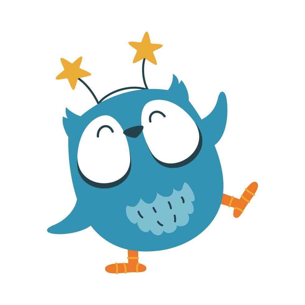 Funny happy dancing owl with stars. Vector icon, bird sticker