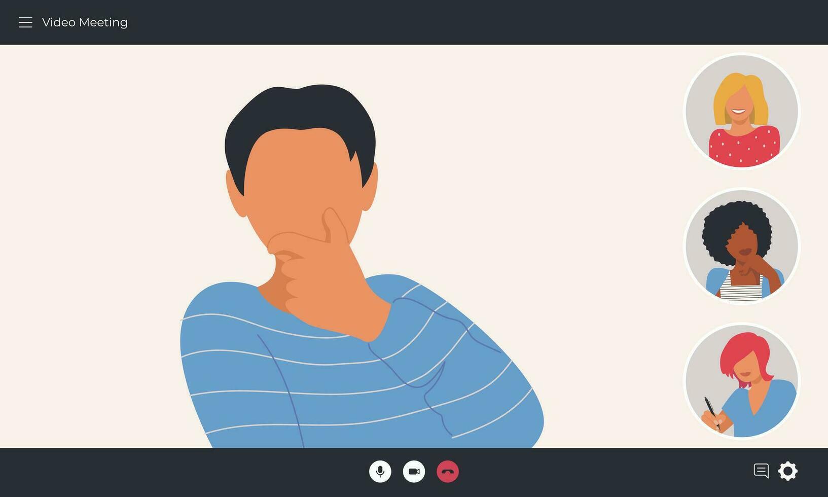 Showing the user's screen. Video conference with video meeting participants. A man at an online meeting, web conference, training. Vector illustration