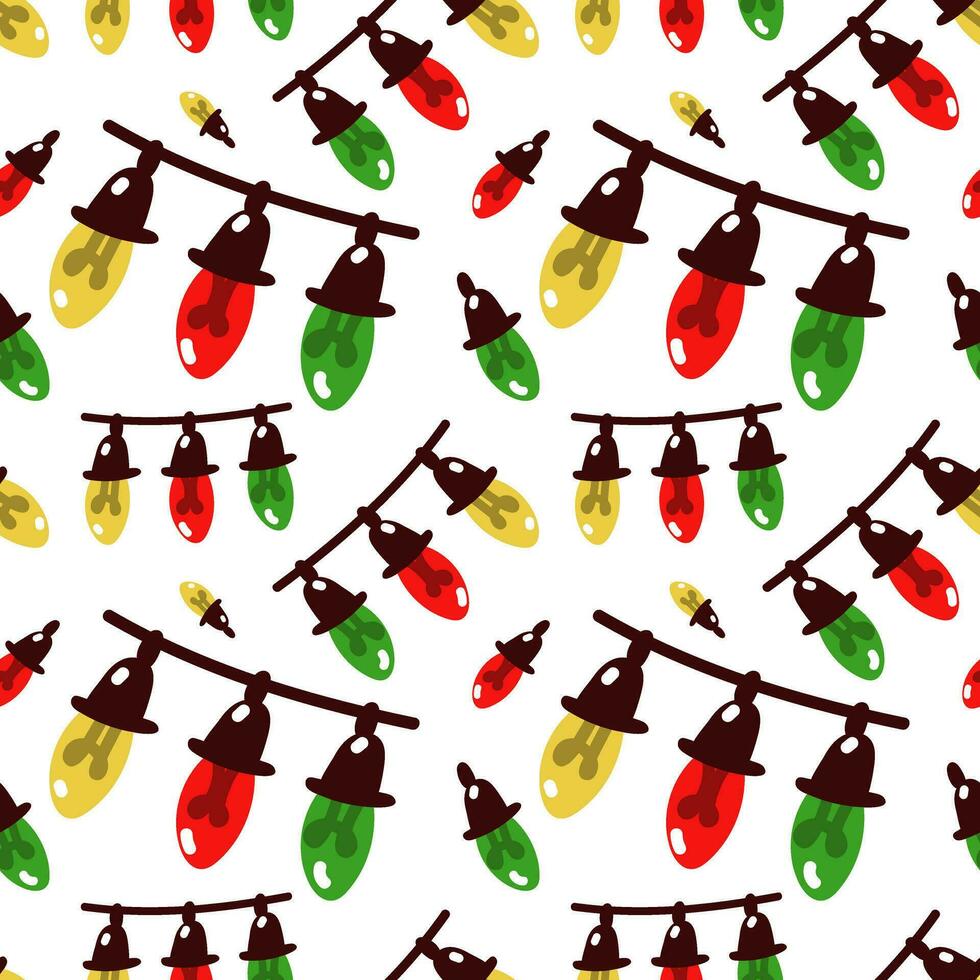 Seamless pattern of a Christmas tree garland on a white background. Symmetrical repetitions of the pattern. Colored cute lanterns, rounded light bulbs on a string. Vector background