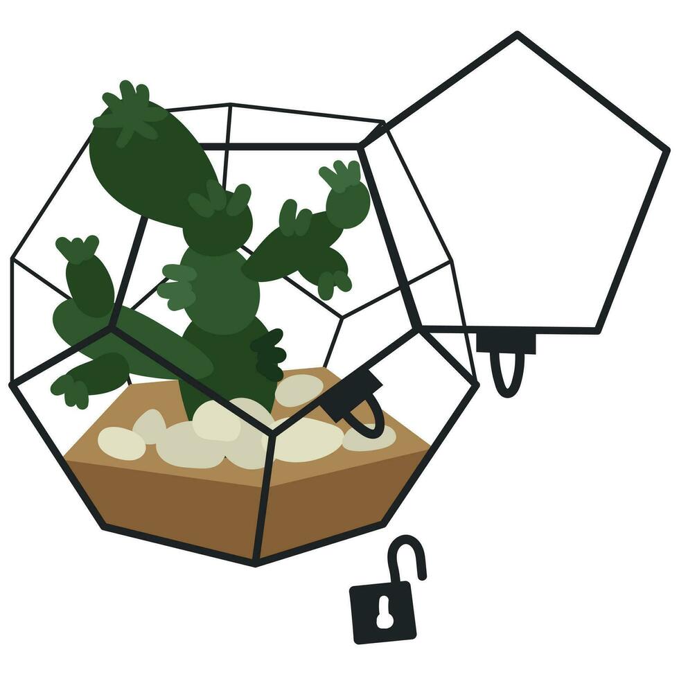 vector ilustración con un vaso dodecaedro de un florario aislado en blanco. suculento en un geométrico flor maceta en un plano estilo. un planta en un jaula con un abierto cerrar con llave, un vaso jaula. salvación