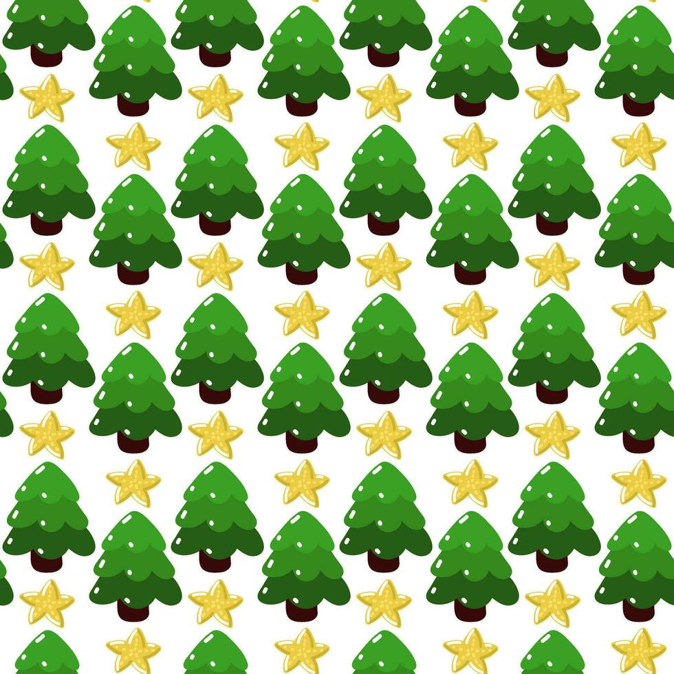 Seamless Christmas tree pattern on white background. Symmetrical repetitions of the pattern up the Christmas tree and the stars. Green cute rounded Christmas trees are growing up. Vector background