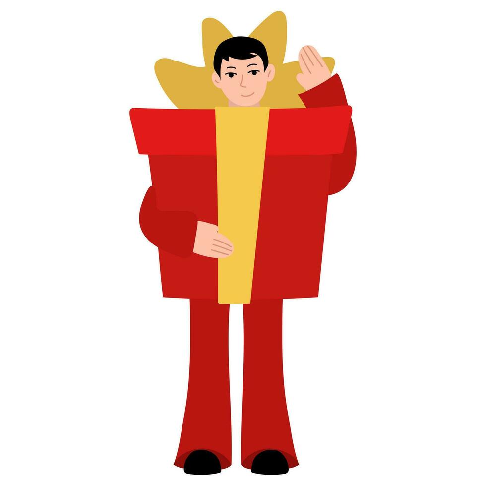 A man in a red gift suit with a bow is isolated on a white background. The guy in the costume of a big gift for celebrating New Year and Christmas. Family party, costume party vector
