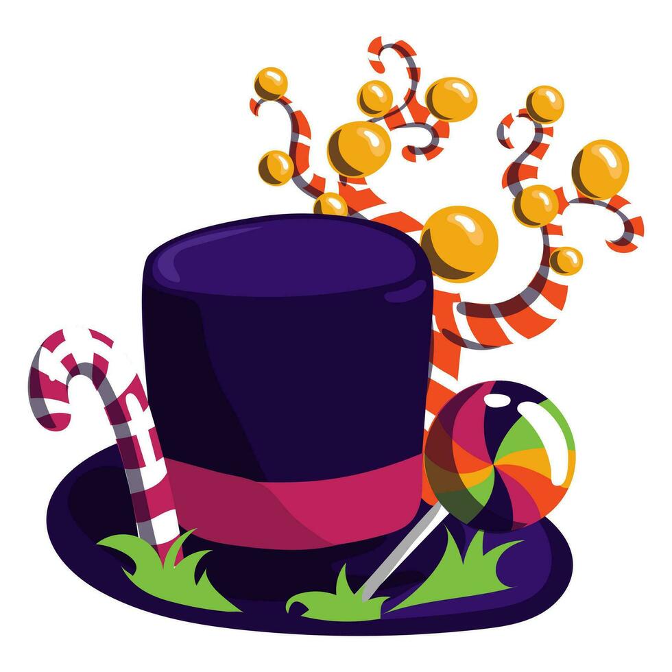Purple hat with candy. The magical world of a pastry chef with incredible sweets. The chocolate factory. Striped caramels grow on a hat, trees, grass on a hat on a white background. Candy, fantastic vector