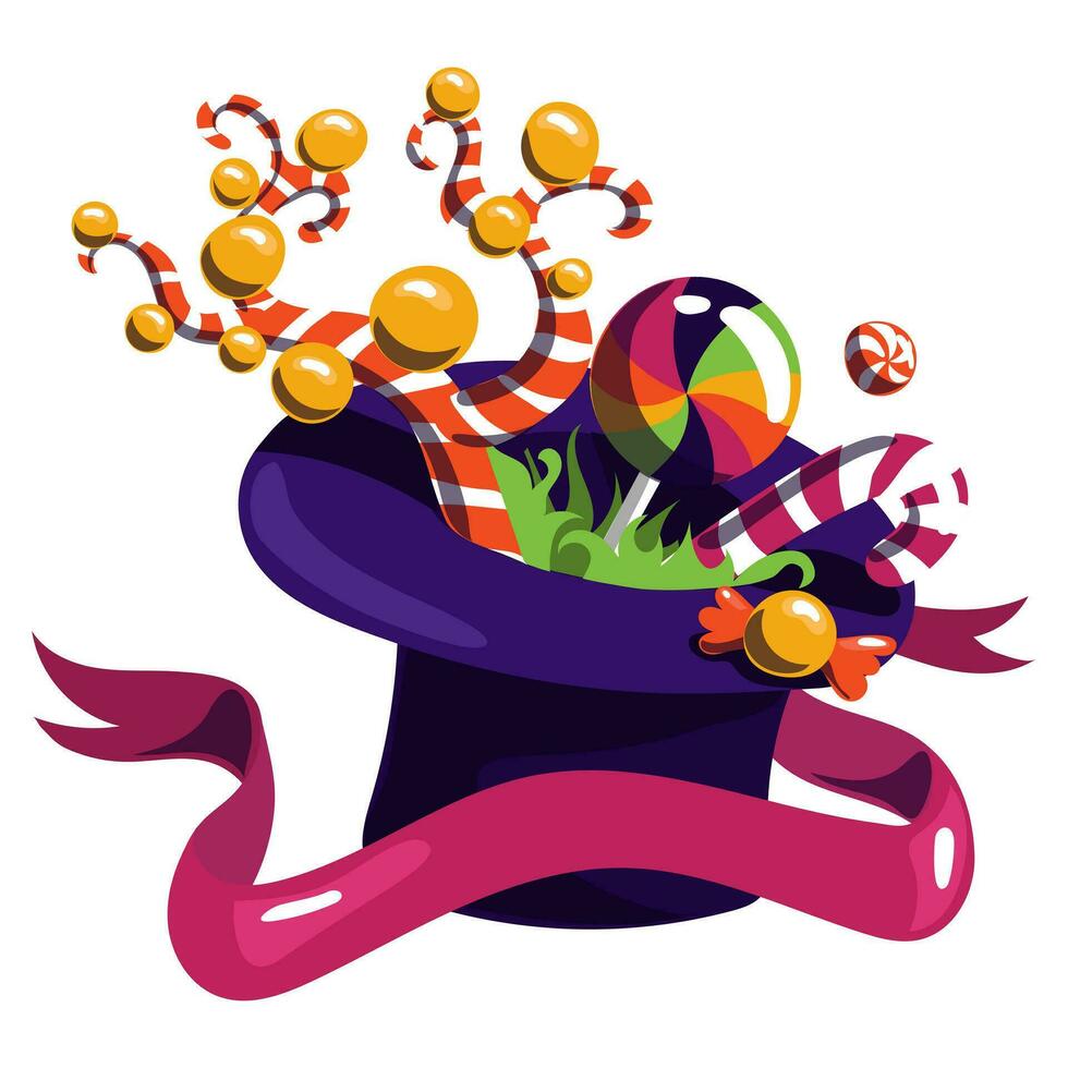 Purple hat with candy. The world of hats with magical sweets. The chocolate factory. A hat with sweets, a ribbon in a group on a white background. Candy grows out of a hat, fantastic vector