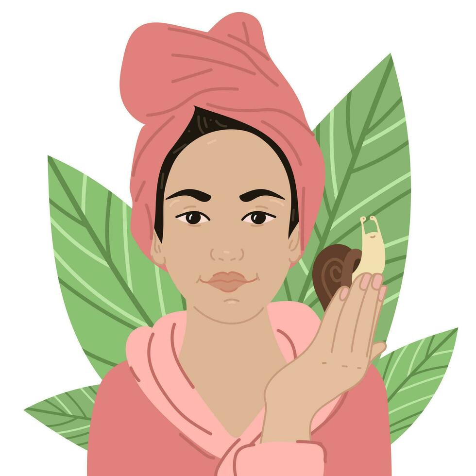 A pretty woman with snails on her face. SPA treatments with snail facial massage. Drug therapy. Cleaning procedure at the beauty spa. Cosmetic procedures. Isolated vector illustration. Snail Mucin