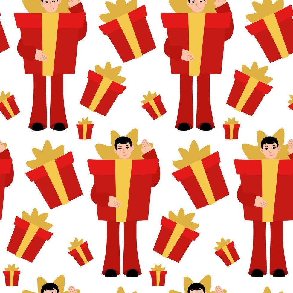 Christmas pattern. A man in a gift suit with a bow on a white background. A guy in a gift suit for celebrating New Year and Christmas on the background of gifts. Family holiday vector