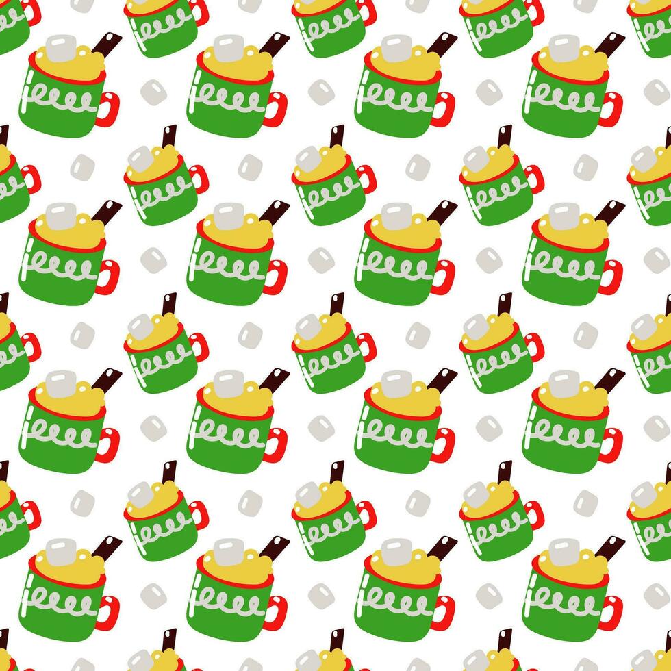 Print of a winter mug with cocoa, seamless pattern with cups for hot drinks. Vector seamless illustration. Children's illustration for printing on textiles and paper