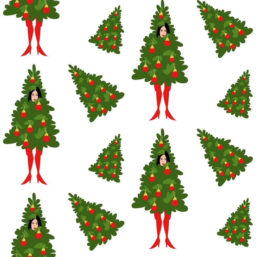 Christmas pattern. Woman in a costume of a decorated Christmas tree on a white background. Girl in a tree costume for celebrating New Year and Christmas against the background of other Christmas trees vector