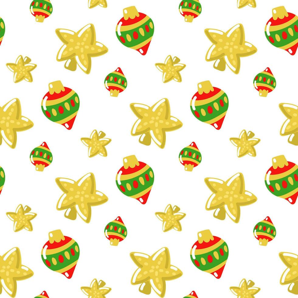 Cartoon Christmas decorations and toys seamless pattern. Winter holidays Christmas tree decorations vector illustration of endless design. Background of Christmas holidays. Christmas tree toy, star