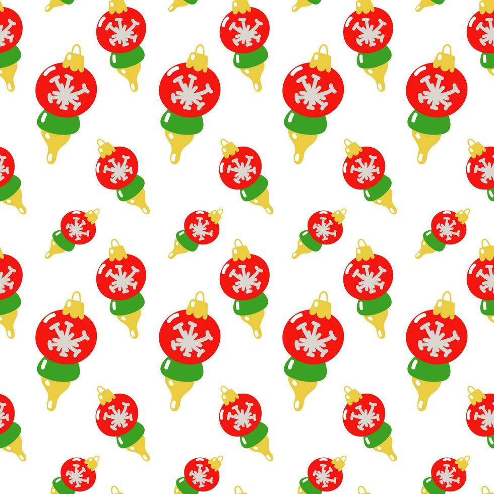 Cartoon Christmas decorations and toys with seamless pattern. Vector illustration of the endless design of Christmas tree decorations. Background of Christmas holidays. Christmas tree toy. Packaging