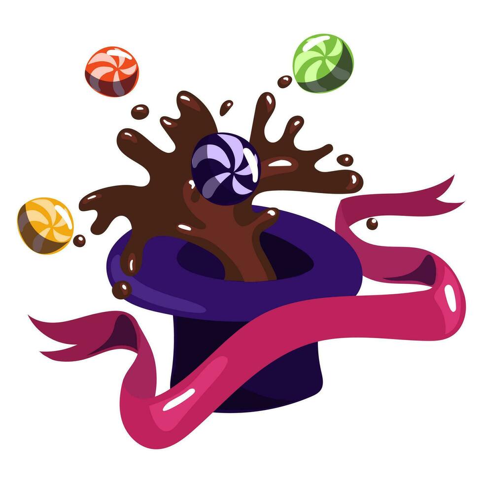 Purple hat with chocolate and sweets. The world of the creator of sweets. Confectioner. Chocolate and caramel candies fly out of a hat with a ribbon in a group on a white background chocolate fountain vector