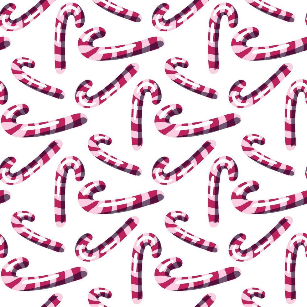 Candy cane pattern sweets and lollipops for Christmas. Seamless ornament of striped candies in the form of a stick on a white. Holiday Christmas, New Year,  world of sweets vector