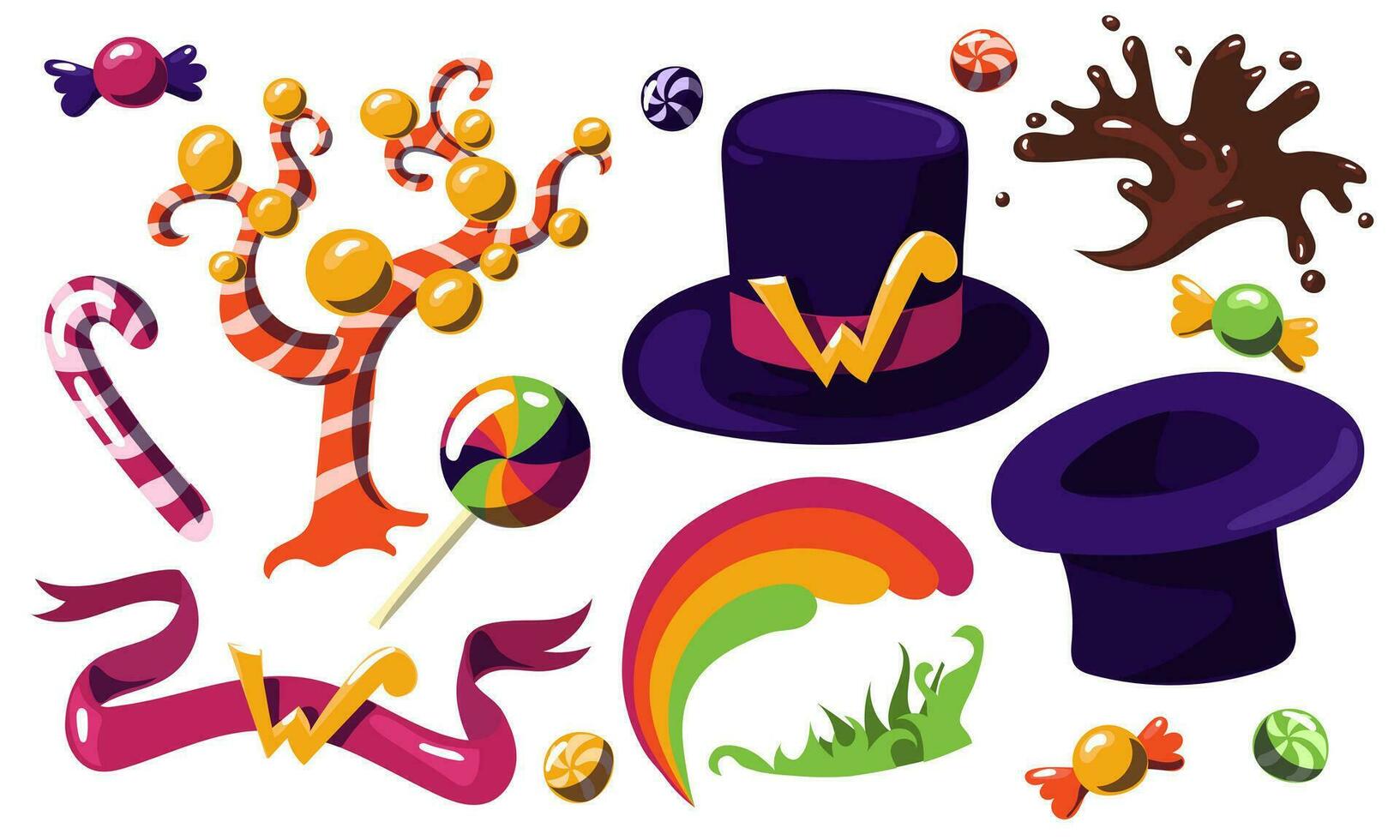 A set of Willy sweets creator. Hat, sweets, rainbow, grass, chocolate splash, caramel trees, striped sweets on a white background. A collection of parts from a fantastic chocolate factory vector