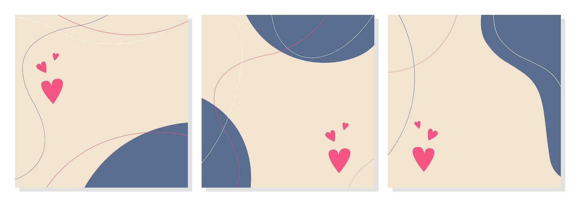 Set of romantic posters, template with hearts and line shapes in boho style, blank space for insert. Simple abstract background. Blue and pink colors. vector