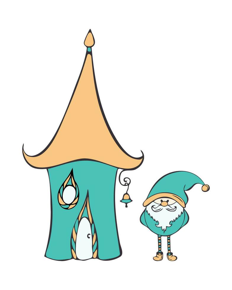 Fairytale fantasy gnome and house, hand drawn doodle sketch. Isolated, white background. Childrens design element. vector