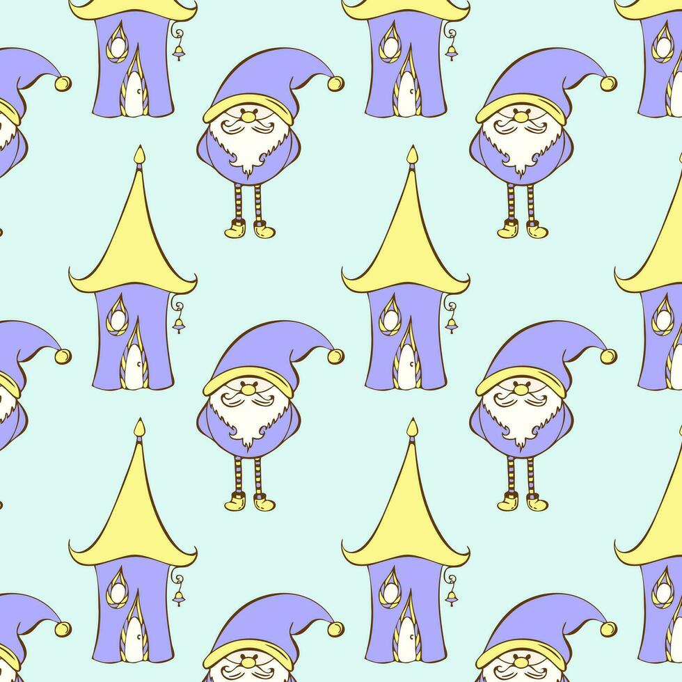 Fairytale fantasy pattern with gnomes and houses, hand-drawn doodle sketches, lilac and yellow colors. vector