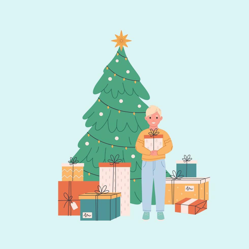 pequeño chico en pie con regalo cajas cerca Navidad árbol y celebrando Navidad o nuevo año. vector