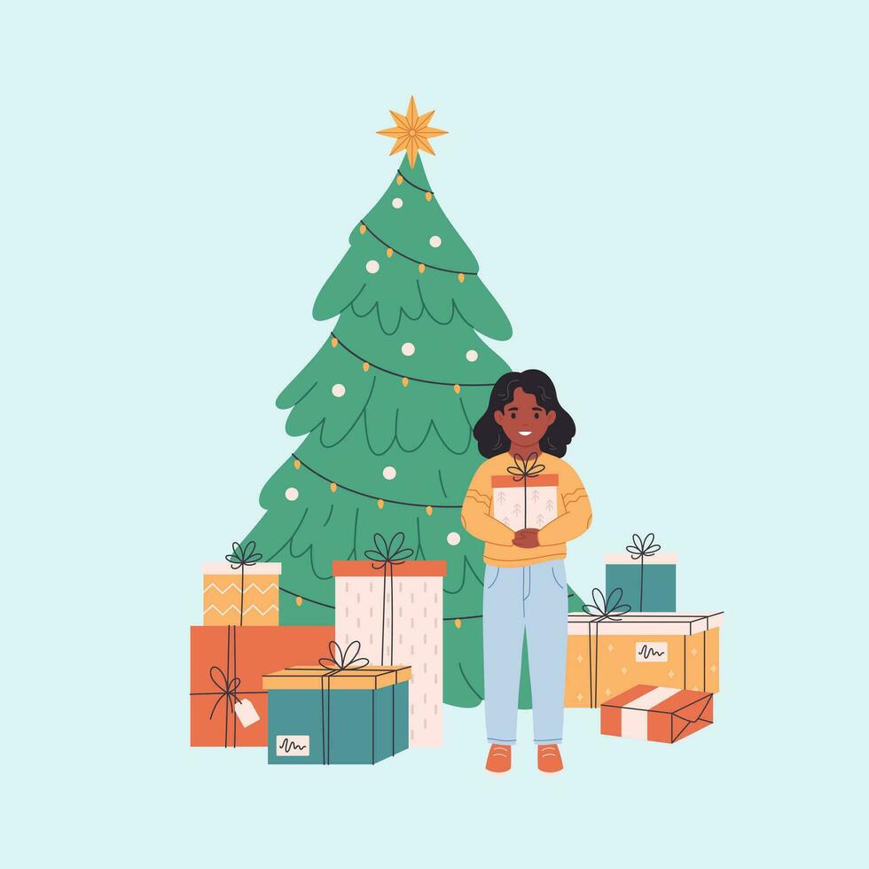 pequeño niña en pie con regalo cajas cerca Navidad árbol y celebrando Navidad o nuevo año vector