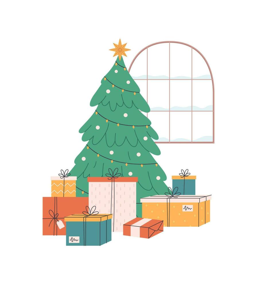 Christmas tree with gift boxes. Christmas presents. Happy New Year and Merry Christmas. vector