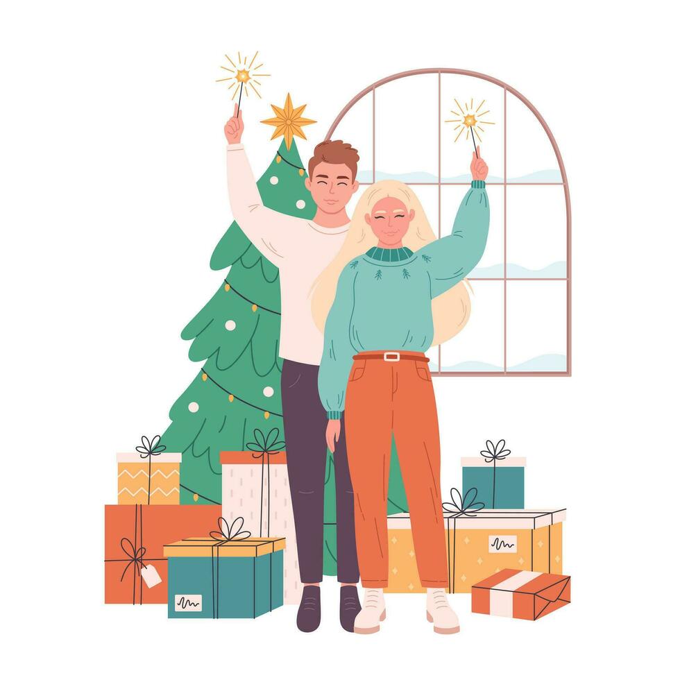 amor Pareja celebrando Navidad o nuevo año. Navidad árbol con presenta vector