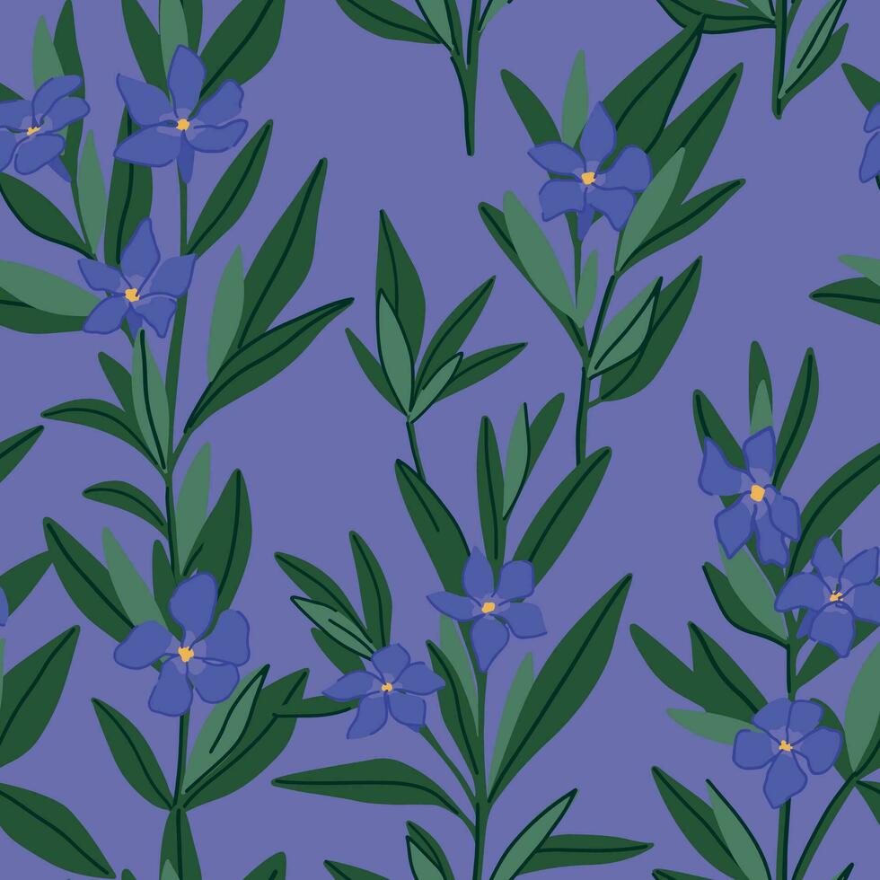 Periwinkle plants seamless pattern. Vector ornament of Vinca minor flowers. Botanical design in cartoon style.