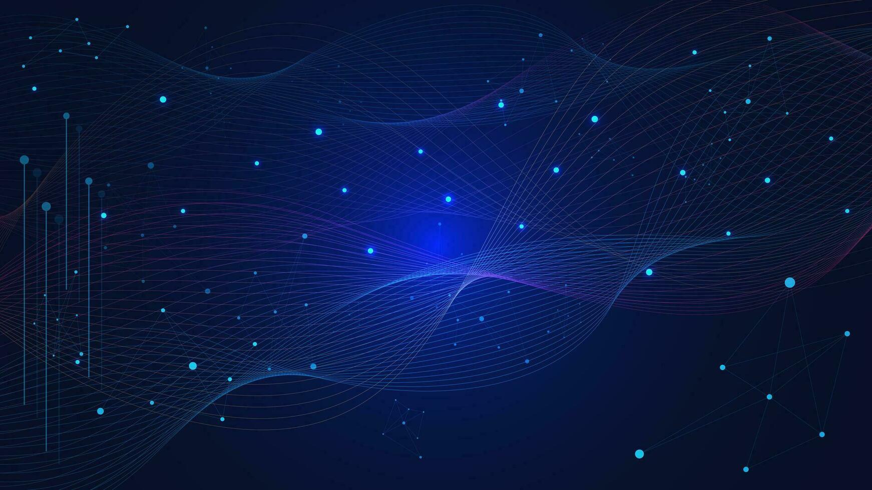 Abstract glowing particles with molecular structure and wave flow. Network connection, chemistry, communication, science and technology background. Vector illustration.