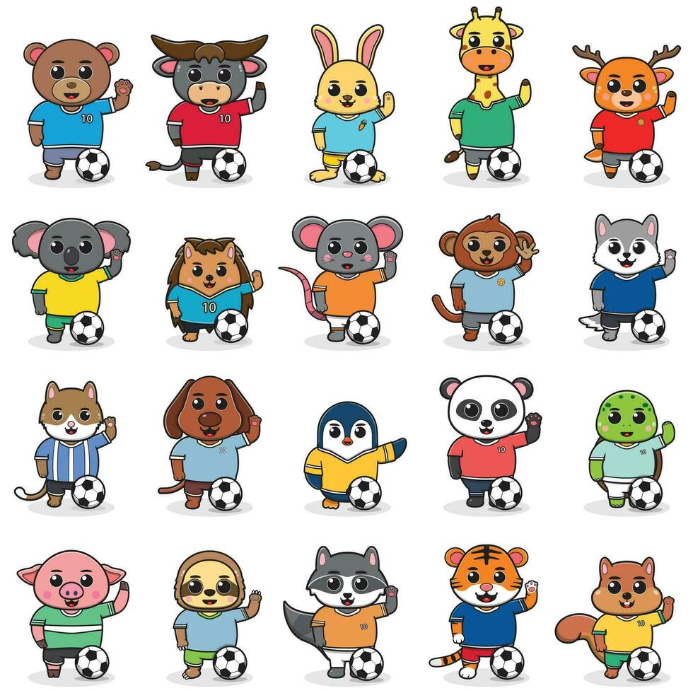 Animal wearing Football uniform. Funny animals doing Football. Cute cartoon character vector set isolated on a white background. Cartoon animal soccer. Animal cartoon.