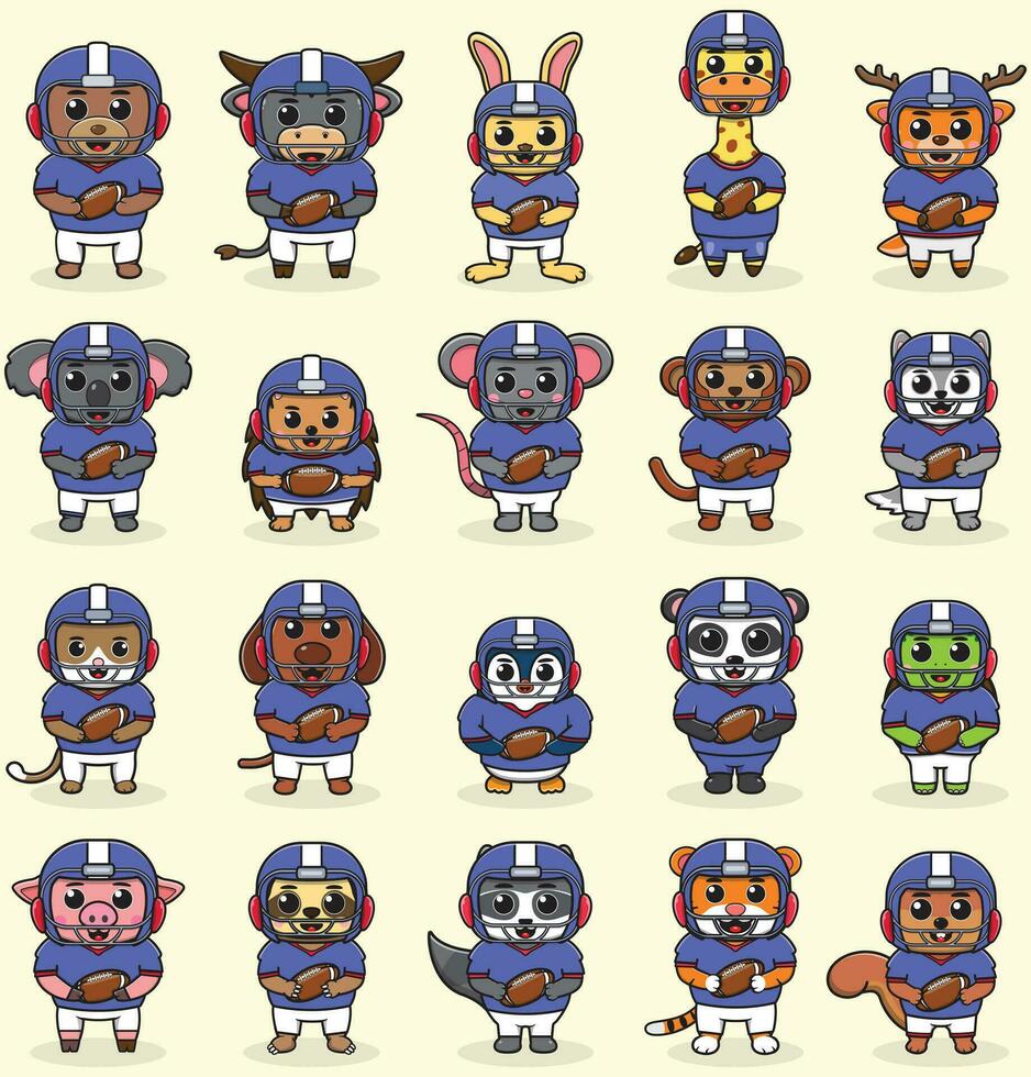 Animal wearing American Football uniform. Funny animals doing American Football. Cute cartoon character vector set isolated on a white background. Cartoon animal sport. Animal cartoon.